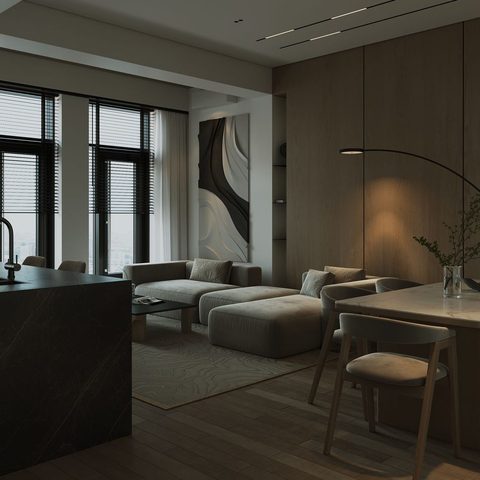Photoreal render of the same kitchen-living room