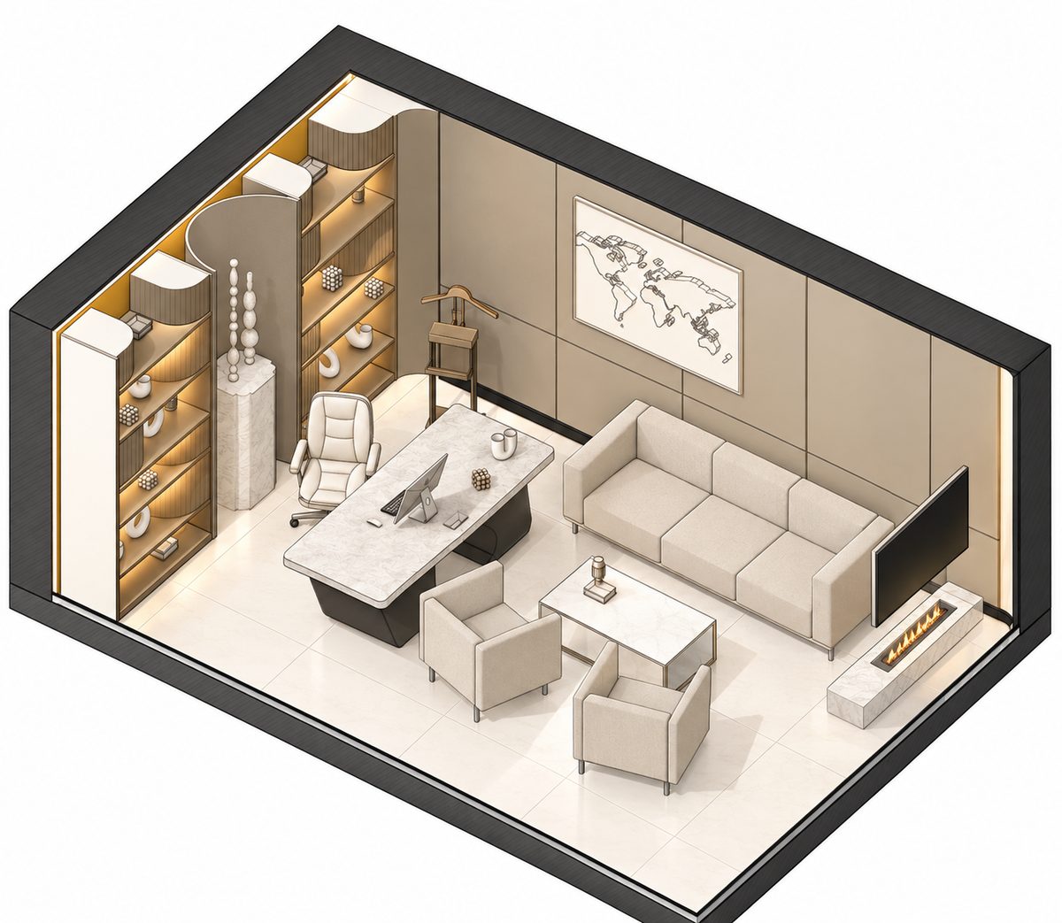 Axonometric cutaway of the office with finishes and furniture