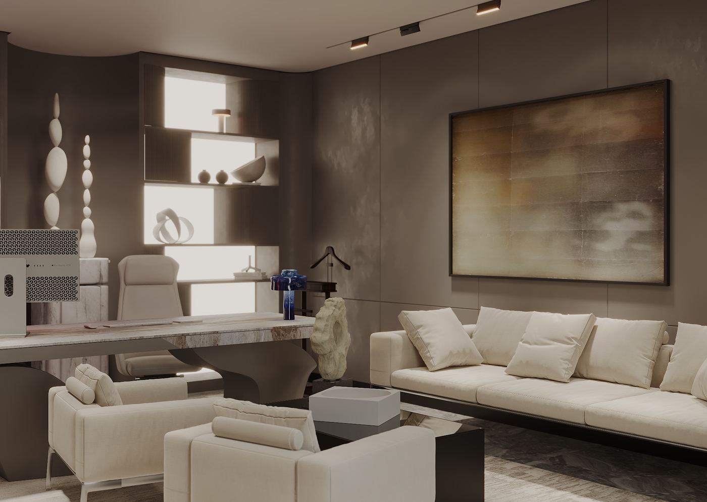 3D visualization of a private office with a lounge, stone-top desk and backlit shelving