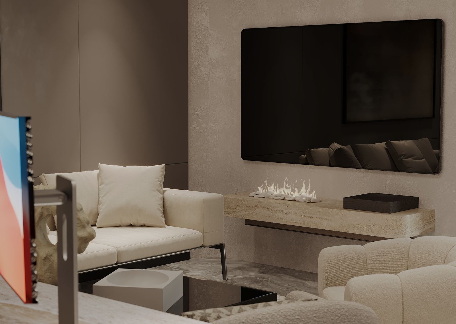 Photoreal render of a lounge wall with TV and fireplace